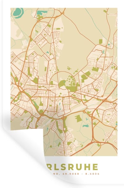 Muurstickers - Sticker Folie - Plattegrond - Karlsruhe - Vintage - Kaart - Stadskaart - 20x30 cm - Plakfolie - Muurstickers Kinderkamer - Zelfklevend Behang - Zelfklevend behangpapier - Stickerfolie