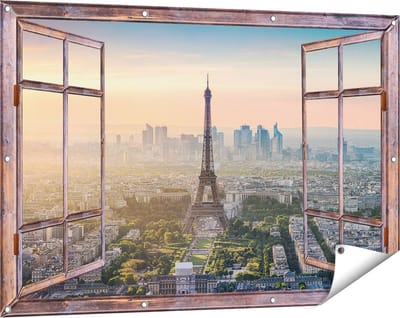 Gards Tuinposter Doorkijk Skyline van Parijs met de Eiffeltoren - 120x80 cm - Tuindoek - Tuindecoratie - Wanddecoratie buiten - Tuinschilderij