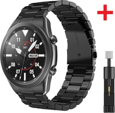 BukkitBow – Luxe Metalen Armbandje voor Samsung Galaxy Watch 3 – 45mm – Vervang Armbandje voor iWatch 45MM – Stainless Steel - Schakelband - Met Horlogeband Inkortset - Zwart