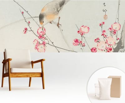 Wallfluent Behang - Bloemvogel Vliesbehang - 250x104 cm - Zwart Behang - Voor liefhebbers van geschiedenis en reizen - Behang Voor op kantoor, voor de hal, voor de woonkamer - Wandbekleding Bloemen en planten