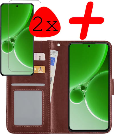Hoesje Met 2x Screenprotector - Geschikt voor OnePlus Nord 3 - Luxe Pasjeshouder - Bookcase Portemonee - Flip Case - Kunstleer Book Case - Flipcase Hoes - Book Cover - Walletcase - Portemonneehoes - Bruin