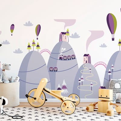 Scandinavische bergstickers met heteluchtballonnen in de lucht, 100 x 150 cm