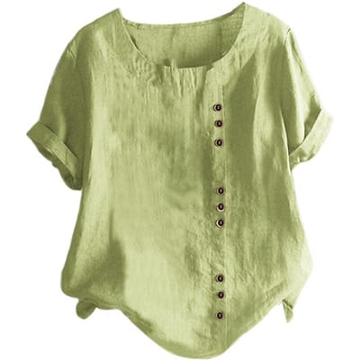 Kortemouw Blouse met Knoopsluiting Stijlvolle Dames Zomer Tops met Ronde Hals Knoopdetail Losvallend T-shirt in voor Casual voor A S mintgroene kleur