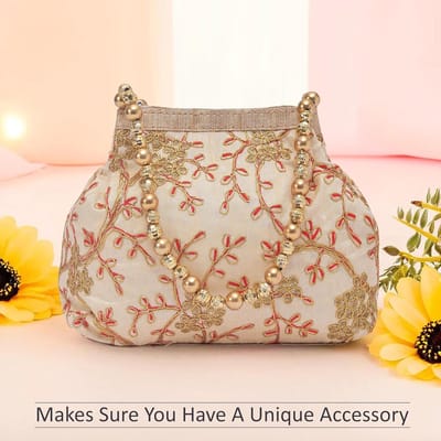 Dames Handtas- 21 x 8 x 18 cm - Vedantan -Katoensilk - Kleurrijk borduurwerk - Partij, Prom, Banket, Cream, Bruiloft - Feesten - Festival - Schattige - Avondtasje - PartyBag – Creme