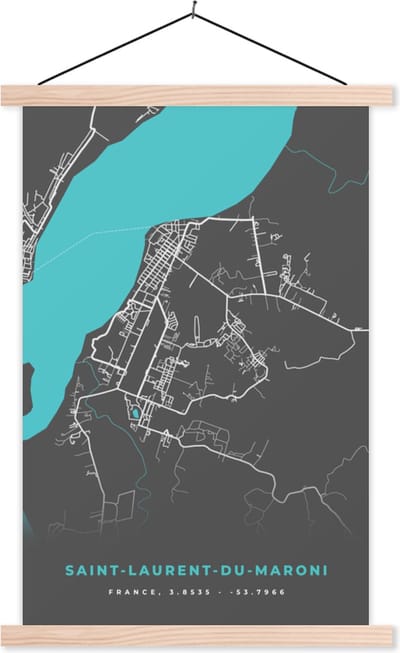 Posterhanger incl. Poster 40x60 cm - Schoolplaat - Saint-Laurent-du-Maroni - Plattegrond - Stadskaart - Kaart - Frankrijk - Textielposter - Blanke latten - Stadskaart