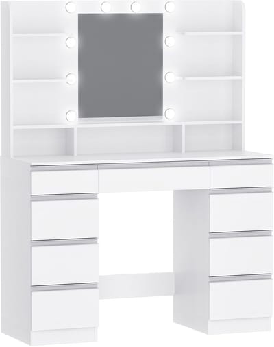 Kaptafel met LED Verlichting – Voor Slaapkamer & Make-up – Dimbare Verlichting met Grote HD Spiegel en 9 Lades – Wit/Zilver (10 LED-Lampen)