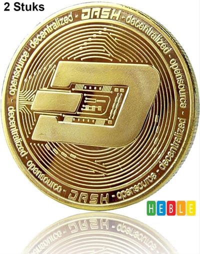 2x Dash Crypto-Token DSH - Goudkleurige Bitcoin & Dash Coins van Heble® -