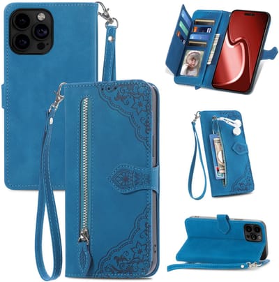 Hoesje geschikt voor iPhone 16e - Bookcase - Koord - Pasjeshouder - Portemonnee - Bloemenpatroon - Kunstleer - Blauw