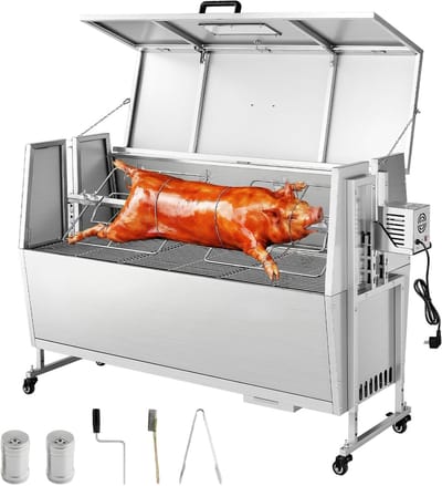 Rotisserie Grill 38 W met Een Grilllengte van 132 cm, Geschikt voor Speenvarken en Lam. Voorzien van Een Draagvermogen tot 60 Kg, Wielen, Een Verstelbare Hoogte in 4 Standen en Een Deksel. Elektrische Roestvrijstalen Grillset, Ideaal voor Kamperen