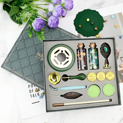 Candala Wasstempelset, Kerstmis, postzegels geschenkdoos, wax, zegelstempel, stempel, Kerstmis, waszegel, warmer, smeltlepel, zegelset, voor geschenkverpakking, kerstkaart, groen