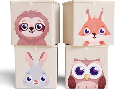 Opbergdoos voor kinderen, set van 4 - dozen voor Kallax, praktische kinderkamer, speelgoedkist, schattige speelgoedbox, opbergbox voor kinderkamer met diermotieven