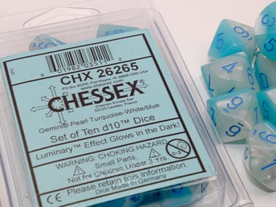 Chessex Gemini Parel Turquoise-Wit/Blauw Lichtgevende Dobbelsteenset (10 stuks)