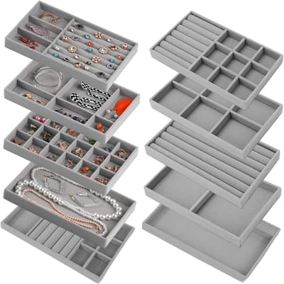 Set van 10 Sieradenopbergers, Organiser voor Sieraden, Stapelbare Sieradenbakjes voor Lades en Presentatie (Grijs)