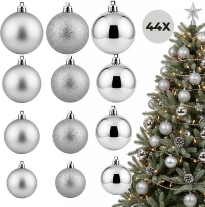 Lomera Kerstballenset Zilver - Kunststof Kerstballen - Onbreekbare Kerstballen - Valbestendige Kerstballen - Zilverkleurige Kerstballen - Kerstversiering Zilver - Glans, Mat en Glitter - Verschillende Formaten - Kerstballen 44 Stuks
