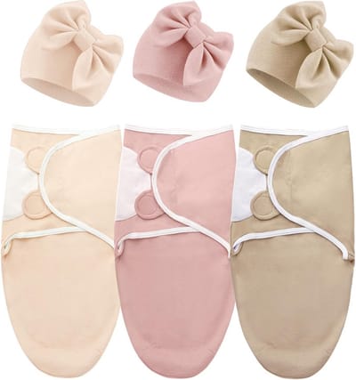 3-Pack Newborn Inbakerdoeken met Mutsjes - Verstelbare Slaapzak voor Baby Meisjes en Jongens (0-3 Maanden)