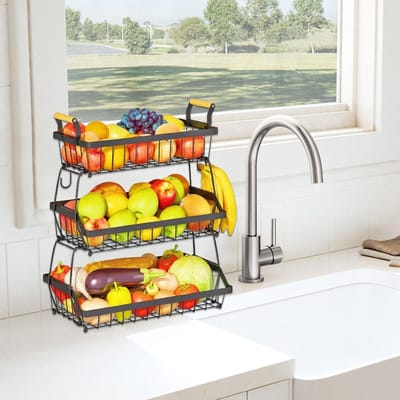 Gelaagde Fruitmand - Keuken Organizer - Keuken Opbergen - Ruimtebesparend Ontwerp - 38 x 23 x 25 cm - Zwart
