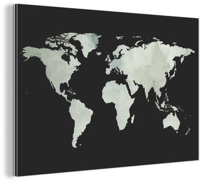 Aluminium schilderij 150x100 cm - Wanddecoratie metaal - Wereldkaart - Grijs - Zwart - Metalen muurdecoratie woonkamer - Decoratie industrieel - Foto op dibond - Industriële accessoires slaapkamer