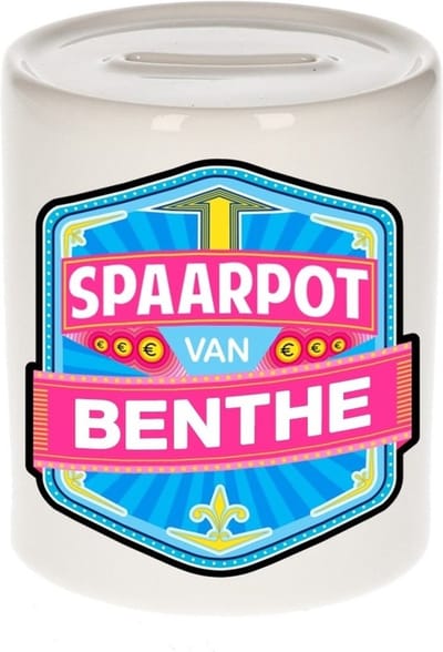 Bellatio Decorations Kinder spaarpot met naam - Benthe - keramiek - met dop - wit - Sparen - Spaargeld van Benthe