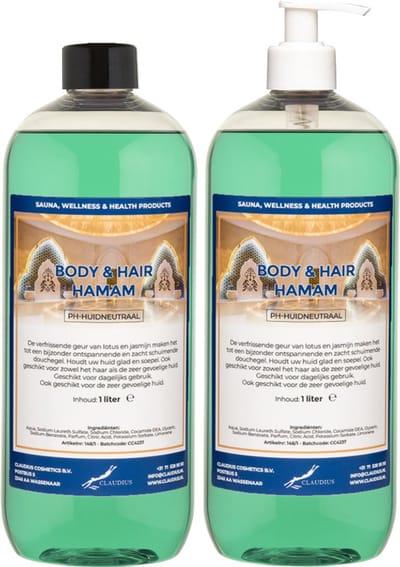 Body & Hair Hamam 1 liter met witte pomp - set van 2 stuks - 2 in 1 voor lichaam en haar - voordeelverpakking