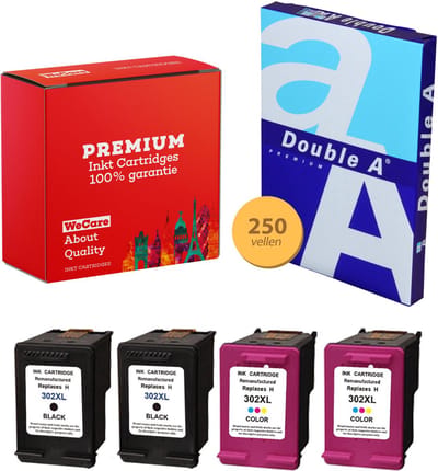 4-pack Geschikt voor HP 302XL Inktcartridges + pak DoubleA papier - Geschikt voor HP Deskjet 1110 - 3630 - HP Envy 4520 - 4524 - Officejet 3830 - 4650 - 5220