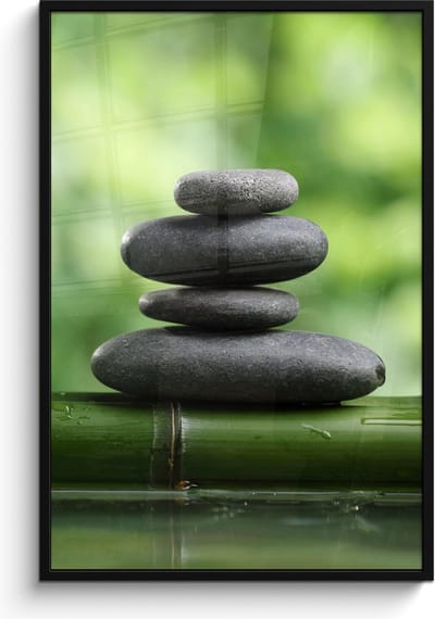 Poster in lijst - Fotolijst 80x120 cm - Posters - Zen - Stenen - Groen - Natuur - Bamboe - Posterlijst zwart - Wanddecoratie badkamer - Muurdecoratie WC - Decoratieve accessoires - Toilet muur decoratie