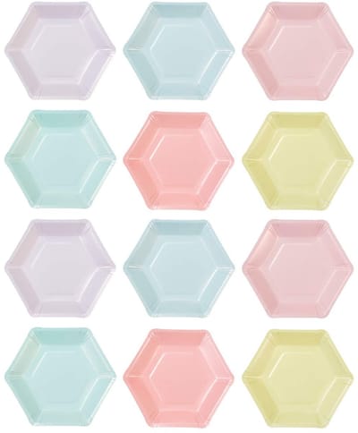 Tables Set van 12 Pastel Verjaardagsborden .6 kleuren, zeshoekig, papier .Wegwerpservies voor elke gelegenheid, volwassenen, kinderen, babyshower, picknick, 3.5 x 21 x 21 cm, Meerkleurig