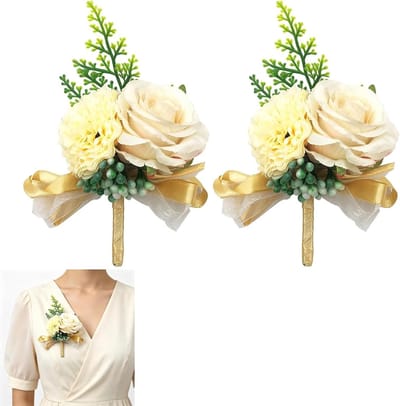 Bruiloft Corsages - Zijden Bloemen - Feestelijke Aankleding - Realistische Styling - 2 Stuks - Champagne