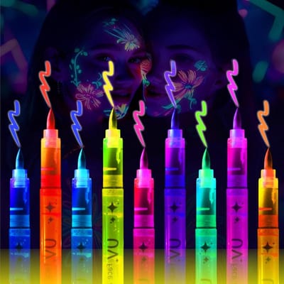 Set van 8 Fluorescerende Make-up Pennen voor Lichaamsverf, Tattoo en Halloween Feestdecoratie met Zwartlicht Effect