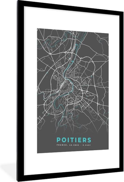 Fotolijst incl. Poster - Poitiers - Frankrijk - Plattegrond - Kaart - Stadskaart - 60x90 cm - Posterlijst