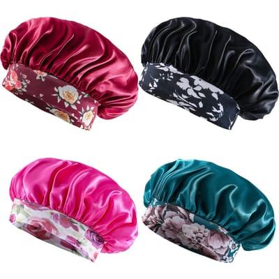4 Stuks Dames Mode Bonnet Bloemenprint Haarhoed Met Brede Rand Elastisch Zijde Glad Satijn Gezicht Voor Dagelijkse Huis Slaapmuts