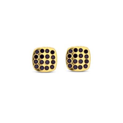 Frank 1967 7FE-0024 Stalen Oorknoppen met Zirkonia Steentjes 6x6mm - Heren - Vierkant - Zwart - Vintage Goudkleurig