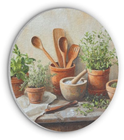 Akoestisch wandpaneel rond 50x50 cm - Vilt schilderij Potten - Kruiden - Hout - Ronde akoestische panelen - Geluidsdempende wanddecoratie - Geluidsisolatie wandcirkel - Muurdecoratie geluidspanelen