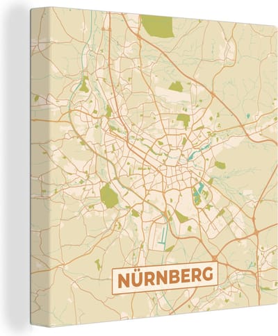 Canvas Schilderij Plattegrond - Nürnberg - Vintage - Kaart - Stadskaart - 20x20 cm - Wanddecoratie