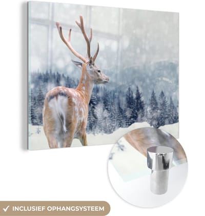 MuchoWow® Glasschilderij 40x30 cm - Schilderij acrylglas - Winter - Hert - Dieren - Foto op glas - Schilderijen