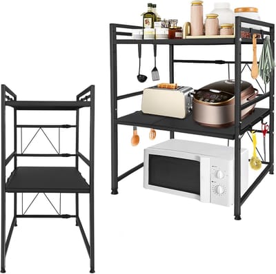 Magnetronrek Uitbreidbaar 40-60 Cm 3 Vakken Keukenrek Met 8 Haken Koolstofstaal Keukenorganizer Antislip Magnetronstandaard Bakplanken Voor Oven Keukenapparaten (Zwart) NAIZY