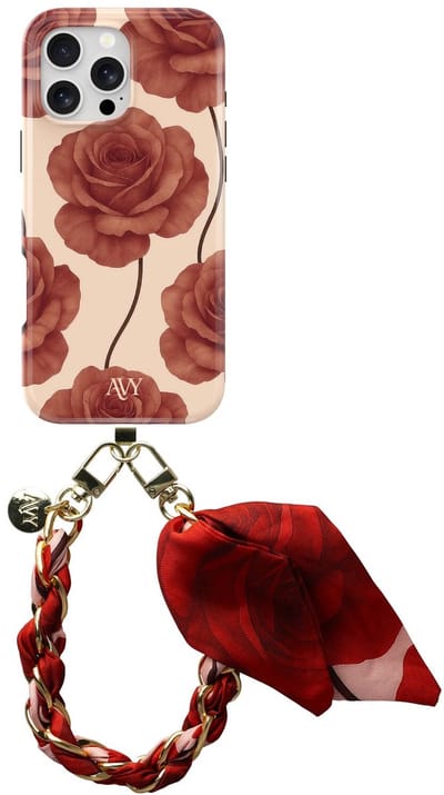 AVY Hoesje Met Telefoonkoord | Geschikt voor Apple iPhone 16 Pro Max | Compatibel met MagSafe | Hard Shell Back Cover | Stijlvol Bijpassend Koord 32CM | Botanique Roses | Rood
