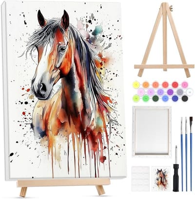 Schilderen op nummer voor volwassenen met paard, starterset met houten schildersezel