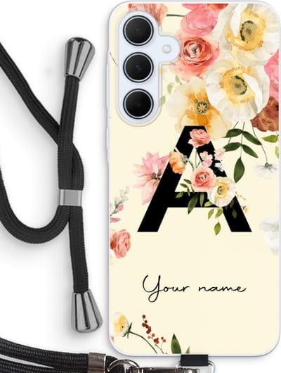 Gepersonaliseerd - Case Company® - Hoesje met koord geschikt voor Samsung Galaxy A35 hoesje met Koord - Flirty Flowers Monogram - Telefoonhoesje met Zwart Koord - Bescherming aan alle Kanten en Over de Schermrand