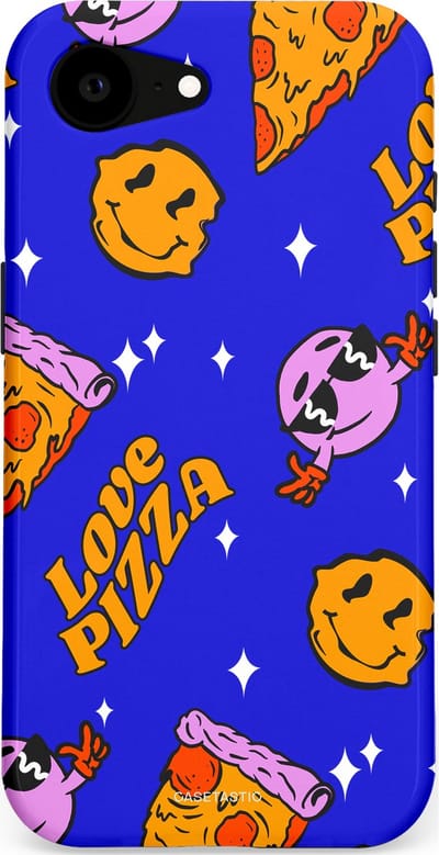 Casetastic hoesje geschikt voor Apple iPhone 16e / Apple iPhone 17e - MagSafe - Dubbellaagse bescherming - Funky Pizza - Fashion Case - Paars Okergeel Donkerblauw Bruin