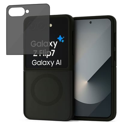 Hoesje + Privacy Screenprotector geschikt voor Samsung Galaxy Z Flip 7 Hoesje - Portemonnee Hoesje geschikt voor MagSafe - Magnetisch - Gehard Glas- Zwart