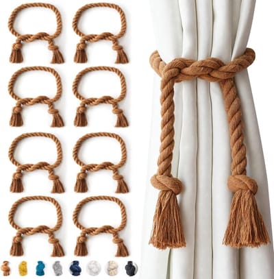 Gordijnbinders Katoen - Gordijntouw Houders - Binnen en Buiten - Handgemaakt Rustiek Design - 80 cm Lengte - Koffiebruin