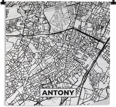 Wandkleed - Wanddoek - Plattegrond - Antony - Kaart - Frankrijk - Stadskaart - Zwart wit - 180x180 cm - Wandtapijt