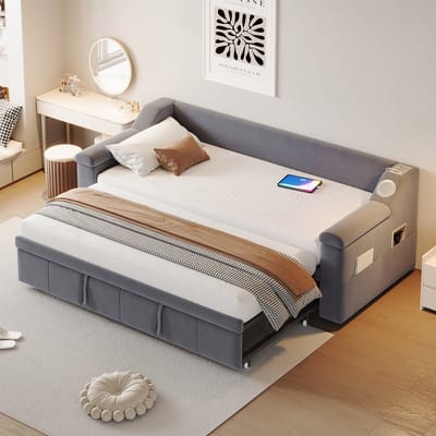 MODFU Bedframe 90x190 cm – Uitschuifbaar naar 180x190 cm – Met Bluetooth, USB en opbergvakken – Grijs fluweel