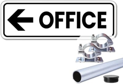 Bord Office pijl links - Weerbestendig Aluminium - 40x15 cm - Bevestiging: Met paal 120 cm + paalbeugels + paaldop