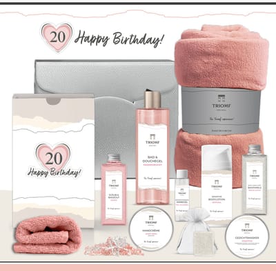Geschenkset “20 Jaar, Happy Birthday!” - 10 producten - 900 gram | Luxe Cadeaubox voor haar - Wellness Pakket Vrouw - Giftset Vriendin - Cadeaupakket Twintig Verjaardag - Gefeliciteerd Cadeau - Sweet Twenty Party - Gift Set Fleece deken Roze