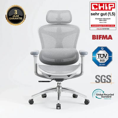 SIHOO Doro C300 Ergonomische Bureaustoel - 3D Armleuningen - Zelfaanpassende Lendensteun - Slim Gewichtsmechanisme - Mesh Rugleuning - 3 Kantelstanden - TUV/SGS Gecertificeerd - Tot 150kg - 70x69x128cm——Wit