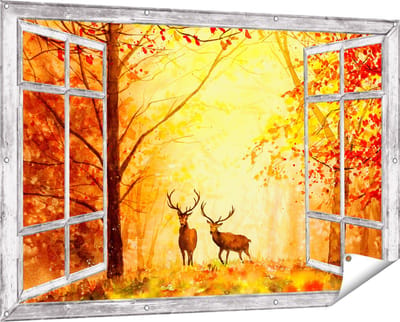 Gards Tuinposter Doorkijk Getekende Herten in het Bos - Herfst - 150x100 cm - Tuindoek - Tuindecoratie - Wanddecoratie buiten - Tuinschilderij