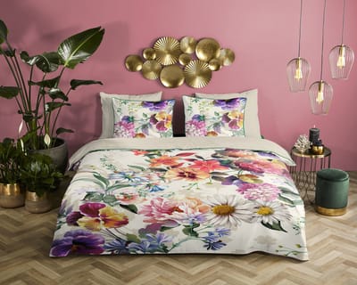 Descanso dekbedovertrek bloemen - 1 persoons 140x200/220 cm - Ecru - 100% Katoen satijn