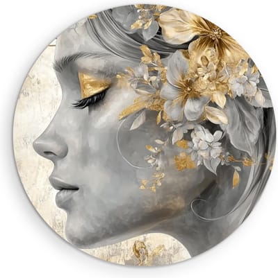 Saammp - Muurcirkel Hout - Vrouw met wit en goude bloemen - Abstract - Ø 90 - Wandcirkel - Wanddecoratie Cirkel - Muurdecoratie Woonkamer - Slaapkamer decoratie - Rond Schilderij