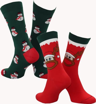 WeirdoSox kerstsokken - 2 paar - Rendier en Sneeuwpop groen - Dames en Heren - Zonder voelbare teennaad - Maat 39-42